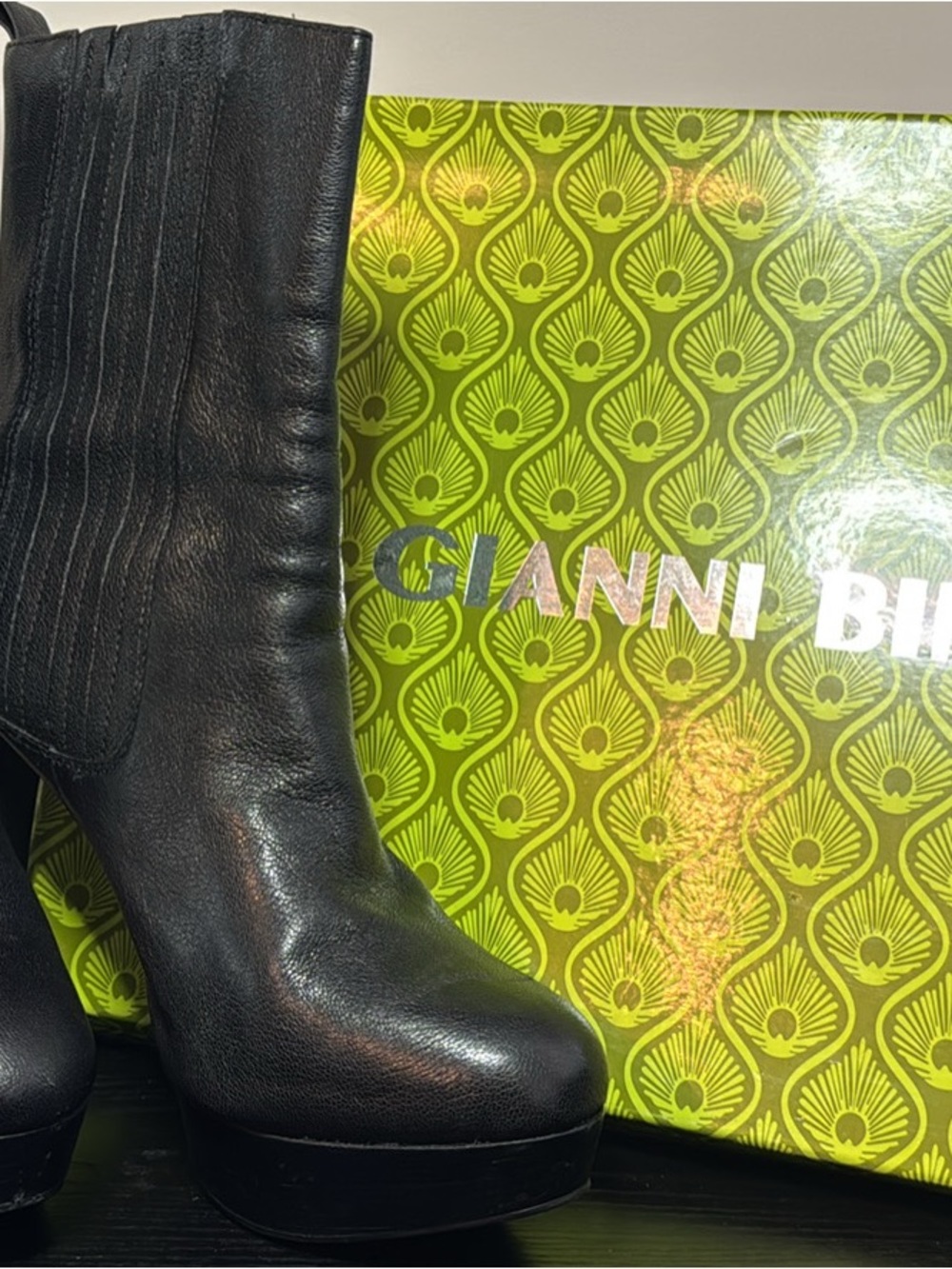 Gianni Bini Black Leather Platform Ankle Boots with Stitch Detailing